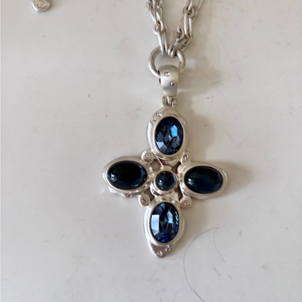 Brighton& Versailles Neptune Cross Necklace. Blue Green Glass. Double Chain